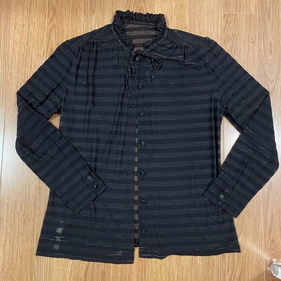 Vintage Italian Sheer Shimmer Button-Up Ribbon Blouse Black Gold - Picture 4 of 16